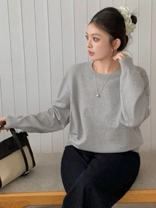 Dazy Plus Áo len cổ tròn dáng rộng màu trơn phong cách thường ngày dễ phối đồ cho mùa Thu/Đông mới - Xám - Xem 5