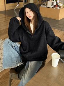 DAZY 女款純色連帽拉鍊休閒日常運動衫 秋季寬鬆大尺寸 T-shirt - 黑色 - 查看 6