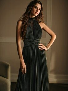 MOTF PREMIUM WOMEN'S ELEGANT CONTRAST LACE PLEATED DESIGN HALTER NECK DRESS - Gold - View 4