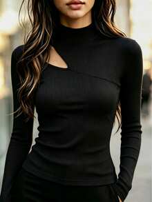 RosyDaze Women's Solid Color Long Sleeve Mock Neck Asymmetrical Hollow Out T-Shirt - Black - View 1