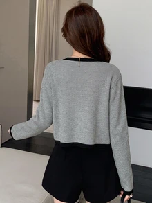 DAZY 2件組女款對比色細肩帶上衣開襟衫，秋季女裝長袖針織上衣 - 淺灰色 - 查看 2