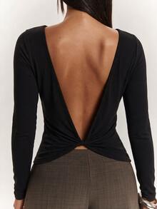 SHEIN BAE 95% Cotton Women's Casual Backless Fitted Long Sleeve T-Shirt - Black - View 2