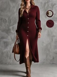 Linhara CURVE قطعة واحدة كارديجان محبوك بأكمام طويلة بتصميم أنيق حضري عتيق للنساء بمقاسات كبيرة، مناسب للتنقل اليومي، الربيع والخريف والشتاء - عنابي اللون - مشاهدة 3