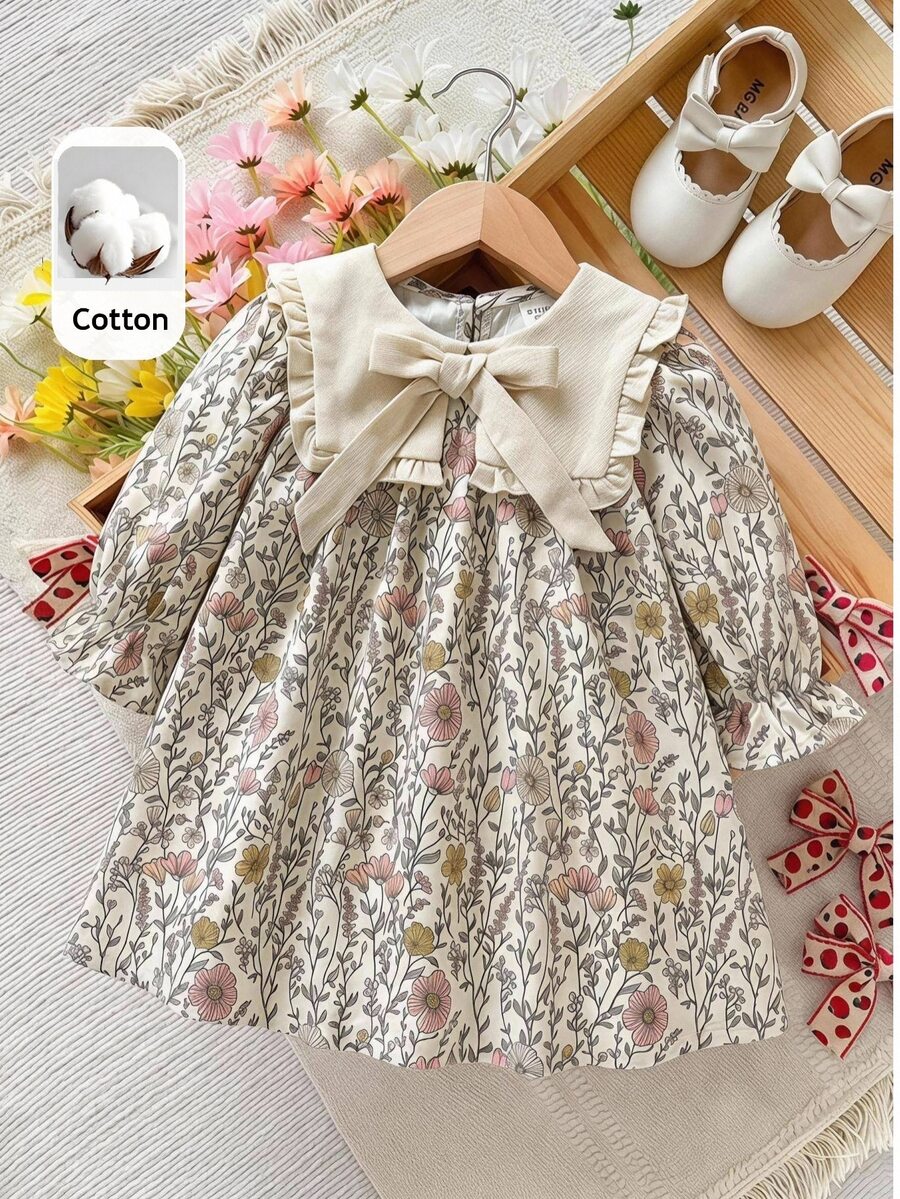 SHEIN Gaun Kasual Kerah Peter Pan Motif Bunga Blok Warna untuk Bayi Perempuan - MultiWarna - View 1