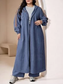 Veilorie Plus Size Zip-Up Long Sleeve Hooded Jacket And Pants 2 Pieces Set - Dusty Blue - View 7