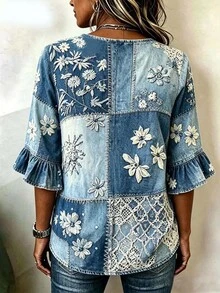 SHEIN LUNE Áo blouse cổ chữ V đính cúc tay lỡ Reverse Tide màu xanh nhạt phong cách boho vintage cho khách dự đám cưới, đi tiệc trang trọng và du lịch mùa hè - Nhiều màu - Xem 2