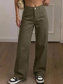 DAZY Women's Loose Casual Straight Leg Jeans, Summer New Arrival - Army Green - View 2
