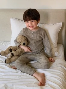 Dazy Kids Baby Boy Button Design Long Sleeve Top And Pants Casual Loungewear - Khaki - View 5