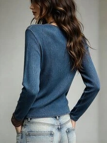 NostaNoir Women's Minimalist Long Sleeve Button Casual T-Shirt - Blue - View 2