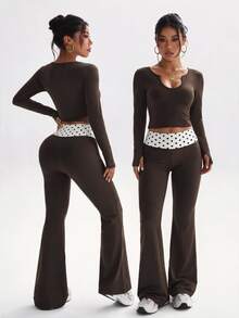 FavEase Women's Long Sleeve Top And Polka Dot Print Colorblock Pants Sports Set - Brown - View 4