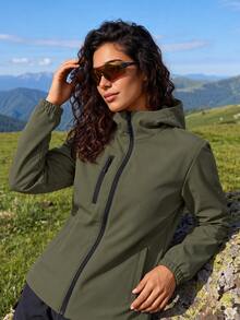 Exploreva Exploreva Jaket Hujan Luar Ruangan Wanita Lengan Panjang dengan Resleting Depan dan Tudung - Hijau Tentara - View 3