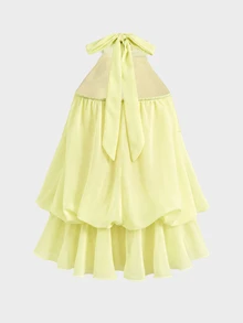 Tween Girl Solid Color Pleated Fashion Party Summer Halter Neck Dress - Yellow - View 9
