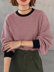 FRIFUL 女款條紋圓領落肩長袖休閒寬鬆T恤度假風 - 粉色 - 查看 3