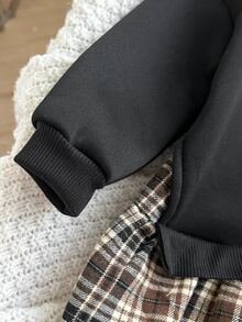 SHEIN 女嬰可愛針織拼接格紋長袖秋冬洋裝 - 黑色 - 查看 6