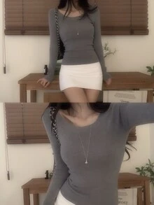 DAZY Women's Solid Color Fitted Long Sleeve Casual Elegant Vacation Korean Style Autumn/Winter Knit Sweater - Grey - View 5