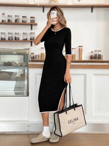 Easowa Casual Relaxed Elegant Commute Autumn/Winter Women's Mid-Length Dress - Black - View 3