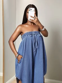 Slaydiva Women's Sexy Strappy Bandeau Denim Jumpsuit - Blue - View 6