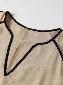 Linhara CURVE Plus Size Oatmeal Color Contrast Trim V-Neck Linen-Like Midi Dress, Raglan Puff Cuffed Long Sleeves, Crisp Black Contrast Stitching Outlining Silhouette, Solid Color Minimalist Elegant Style, Suitable For Spring Summer Autumn Commute, Short Trip Vacation, Light Business Gathering, Flattering Slimming Dress For Curvy Women - Khaki - View 5