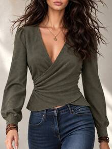 LUMIGAL Women's V-Neck Suede Long Sleeve Blouse - Army Green - View 5
