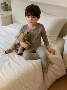 Dazy Kids Baby Boy Button Design Long Sleeve Top And Pants Casual Loungewear - Khaki - View 4