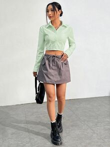 SHEIN EZwear 女款白色編織收腰修身短版襯衫 - 薄荷綠 - 查看 3