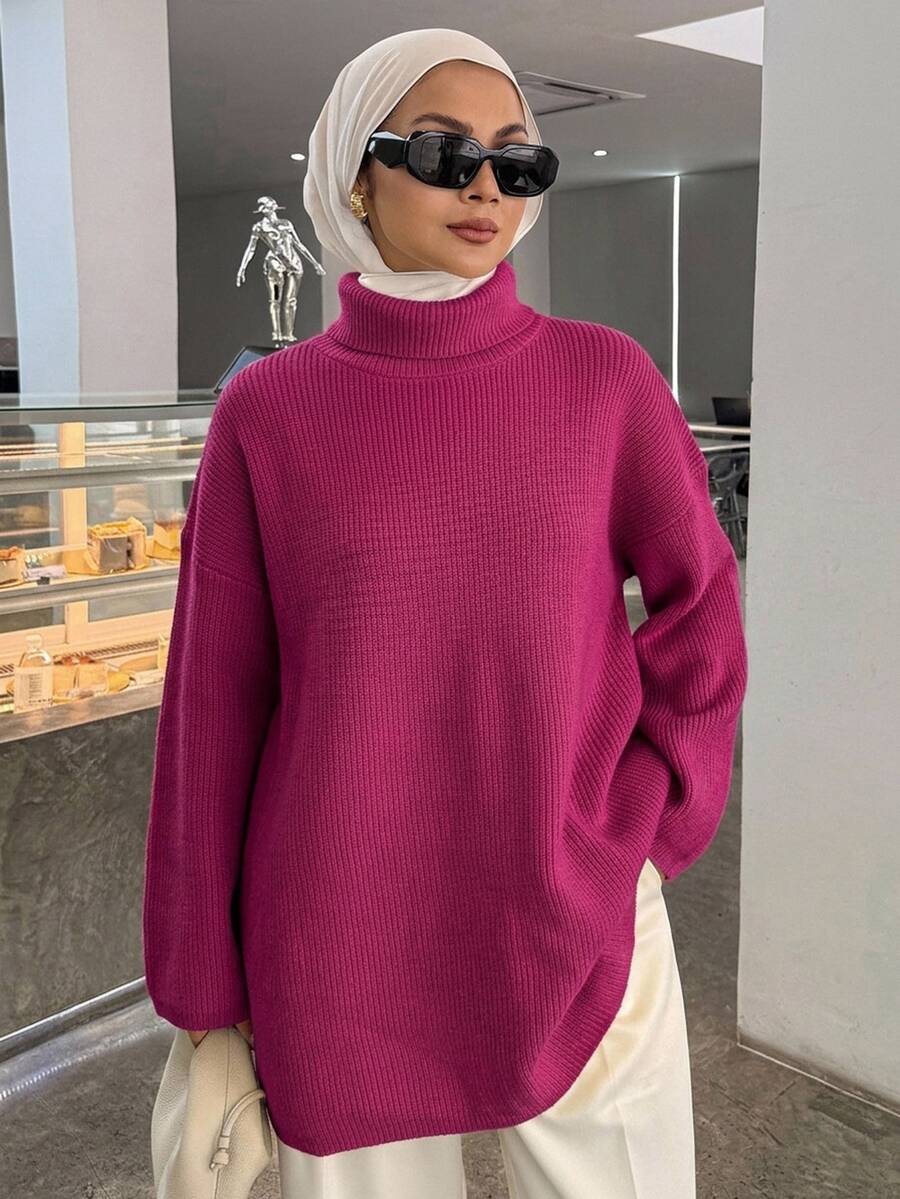 DAZY 女款純色落肩長袖寬鬆休閒毛衣,秋冬女裝高領端莊時尚校園風 - 紫色 - 查看 1