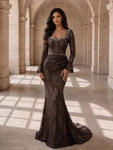 Coutiva Women's Faux Pearl Decor Mermaid Hem Lace Elegant Formal Evening Gown - Black - View 3