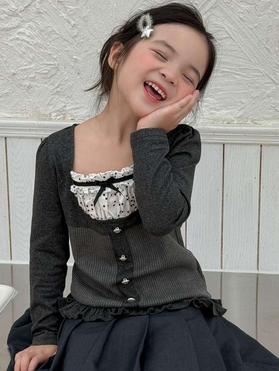 Dazy Kids (Gadis Muda) Kaos Lengan Panjang dengan Lapisan Dalam Warna Abu-abu Musim Gugur - Dark Grey - View 1