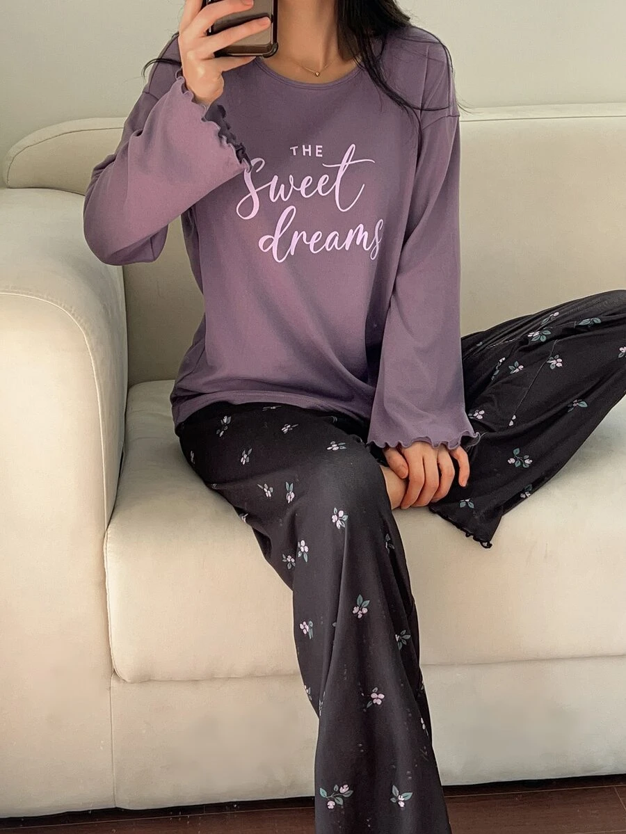 DAZY 2pcs/Set Women's Pajama Set, Loose Letter Print Long Sleeve T-Shirt & Sweet Floral Straight Leg Long Pants - Purple - View 1