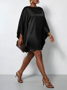 Zivah New Fall/Winter Plus Size Women's Brown Cape With Batwing Sleeves Mini Dress/Vacation/Elegant/Holiday/Party/Festival/Boho/Concert/Office/Commuting - Black - View 4