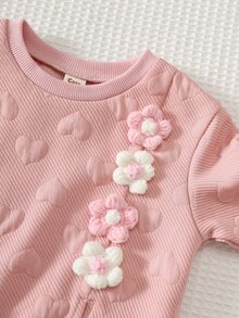 Cozy Pixies 2件組新生兒休閒日常舒適圓領3D花卉長袖針織衛衣與長褲套裝 - 粉色 - 查看 3