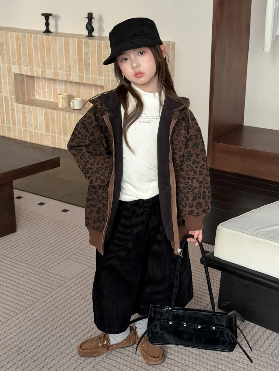 Dazy Kids Tween Girl) Leopard Print Loose Hooded Long Sleeve Autumn/Winter Basic Sweatshirt Jacket - Brown - View 1