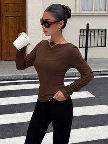 Muchica Fashion Basic Sage Green Boat Neck Knit Long Sleeve T-Shirt For Women, Suitable For Daily Commute, Streetwear, Party, Autumn/Winter/ - Brown - View 5