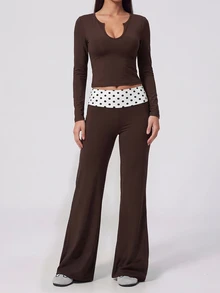 FavEase Women's Long Sleeve Top And Polka Dot Print Colorblock Pants Sports Set - Brown - View 3