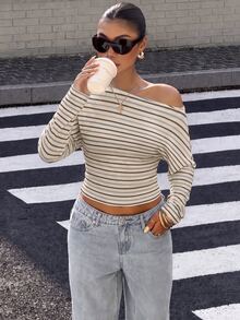 Muchica 女款休閒單肩長袖T恤，條紋T恤，女款街頭風，Y2K服飾 - 彩色 - 查看 5