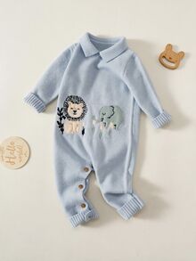 SHEIN 中性新生兒嬰兒男/女童秋冬可愛動物圖案長袖針織毛衣連身衣 - 藍色 - 查看 3