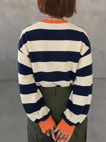 FRIFUL 女款圓領條紋拼接休閒百搭日常穿著圖案T恤 - 藏蓝色 - 查看 6