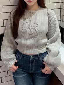 Dazy Plus Rhinestone Decor Letter Jacquard Short Korean Style Versatile Autumn/Winter Sweater - Grey - View 4