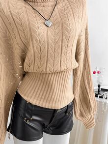 Elamini Burgundy Hollow Out Turtleneck Sweater, Women Batwing Long Sleeve Ribbed Hem Going Out Everyday Date Autumn Elegant Casual - Apricot - View 6