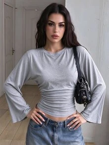 Teen Girl Solid Color Pleated Casual Daily Long Sleeve T-Shirt - Grey - View 4