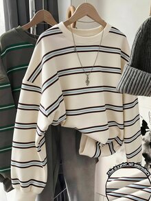 SHEIN LUNE Women's Striped Crew Neck Drop Shoulder Long Sleeve Casual Loose Sweatshirt - White - View 1