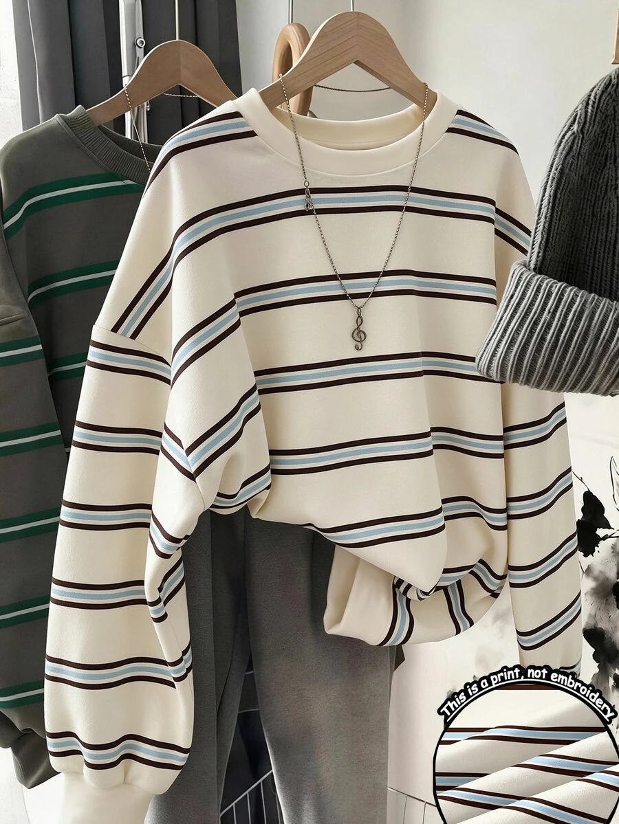 SHEIN LUNE Women's Striped Crew Neck Drop Shoulder Long Sleeve Casual Loose Sweatshirt - White - View 1