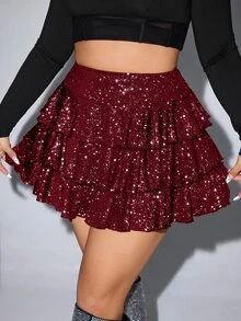 SHEIN ICON 大尺碼女款亮片多層蛋糕裙 秋季 - 酒紅色 - 查看 3