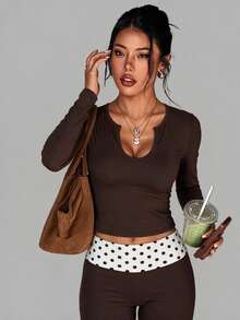 FavEase Women's Long Sleeve Top And Polka Dot Print Colorblock Pants Sports Set - Brown - View 5