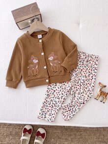 SHEIN 女嬰針織鹿刺繡開襟衫長袖外套與碎花長褲 2 件套，休閒日常寬鬆穿搭，適合春秋季 - 棕色 - 查看 3