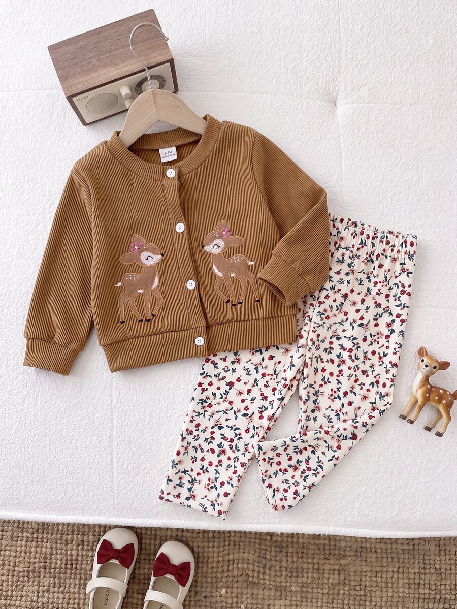 SHEIN Baby Girl Ribbed Deer Embroidery Cardigan Long Sleeve Jacket & Ditsy Floral Pants 2 Pieces Set, Casual Everyday Slouchy Outfit For Spring And Autumn - Brown - View 1