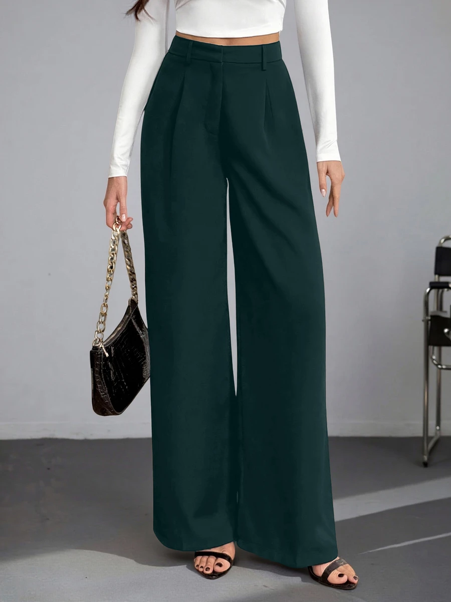 SHEIN Tall 休閒百搭純色高腰寬腿褲,適合高個子秋冬風格 - 綠色 - 查看 1