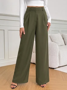 SHEIN Tall 女款黑色高腰寬腿長褲，優雅商務休閒上班西裝褲，高挑百搭純色秋冬老錢風正裝褲 - 軍綠色 - 查看 9