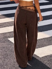 SHEIN EZwear 女款蕾絲拼接休閒日常穿著長褲 - 棕色 - 查看 2