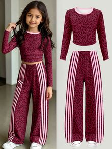 Bộ trang phục mùa thu cho bé gái tween gồm áo thun dài tay họa tiết da báo sọc phối patchwork và quần ống rộng - Nhiều màu - Xem 3